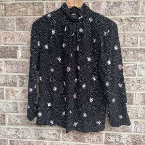 Vintage Brentwood Black Polka Dot Floral Rayon Blouse Mock Neck Size 11/12 Boho